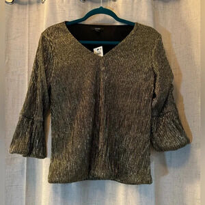 Alfani Petite Medium Shimmer 1 Blouse. Gold and Black V-Neck, Fully Lined.